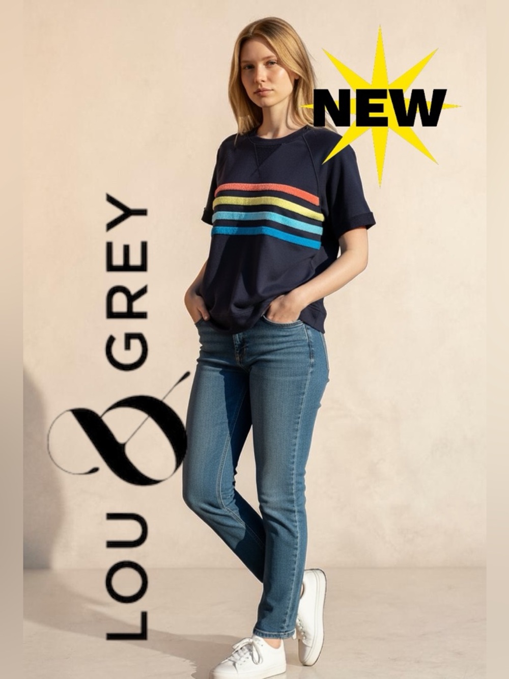 NEW with tags Lou & Grey navy terry rainbow 🌈  stripe short sleeved soft T